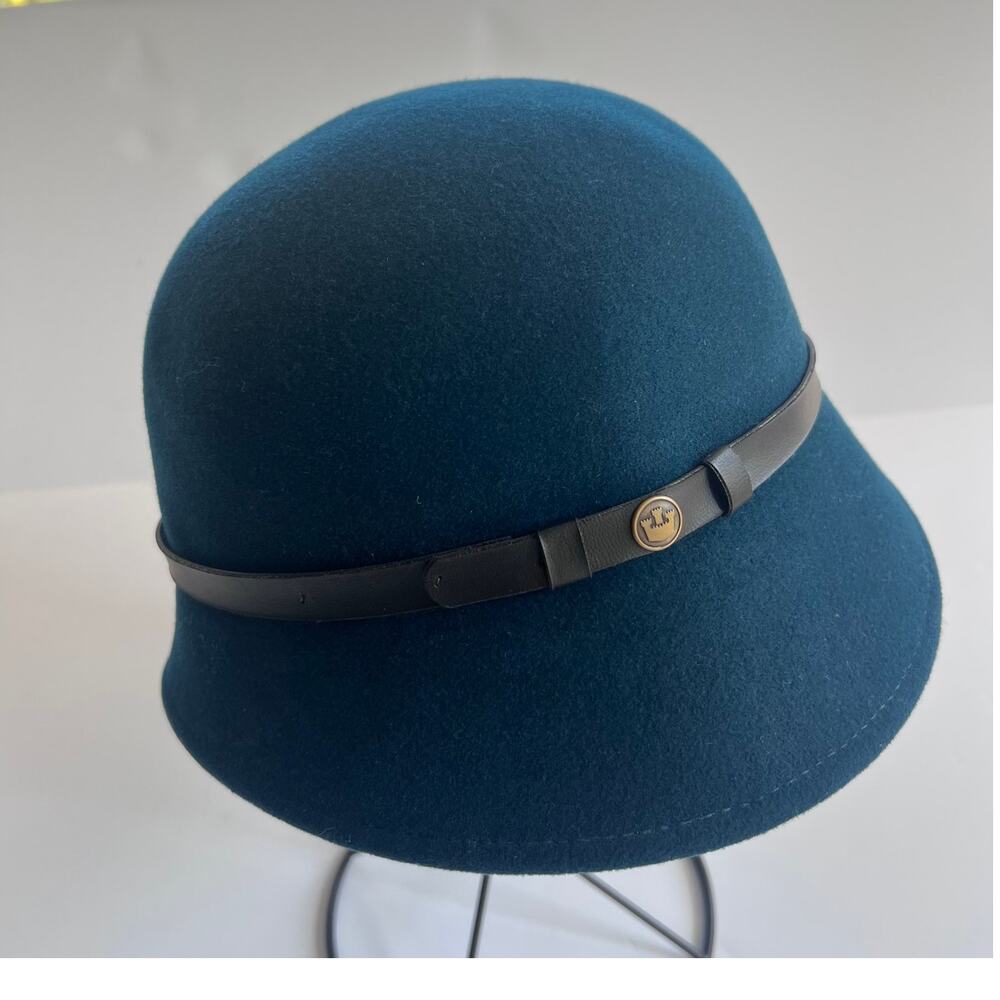 Goorin Bros 100% Wool Cloche Hat Medium Teal Blue Made in USA Leather Band